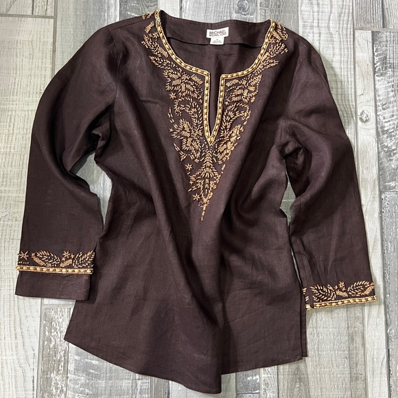 Michael Kors Linen Brown Boho trim 100% Linen Shirt Top Tunic XL - Picture 1 of 10